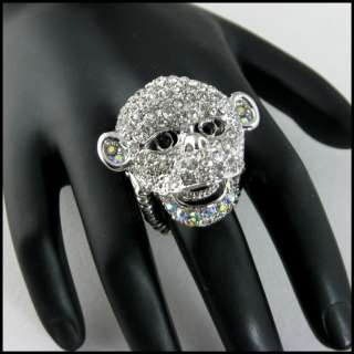 HOT SteamPunk CLEAR CRYSTAL MONKEY Face Statement Ring  