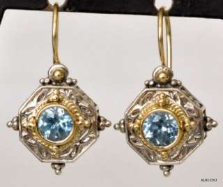 New KONSTANTINO 18K Gold SS Faceted Blue Topaz Earrings  