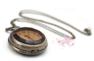 Antique Bronze Pocket Watch Mirror Side Retro Necklace  