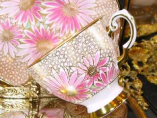   GOLD CHINTZ PAINTED FLORAL PINK Tea Cup and Saucer HP Teacup  