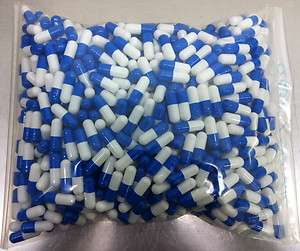 1000 EMPTY gel GELATIN CAPSULES ~SIZE 00 ~ Colored White/Blue (Kosher 