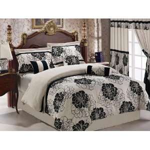  7 Pc Modern Black Off White Floral Comforter Set / Bed in 