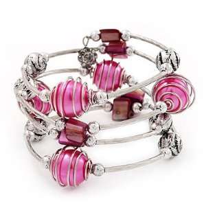  Silver Tone Beaded Multistrand Flex Bracelet (Fuchsia Pink) Jewelry