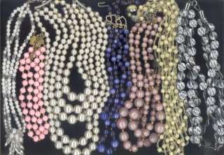LOT Vintage Multi Strand Bead Necklaces Pink White Gray Blue Crystal 
