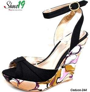 Platform Ankle Strap Fashion Wedge Floral Shoes BLK 6.5  
