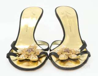 Giuseppe Zanotti Black Satin & Gold Jeweled Flower Open Toe Heels Size 
