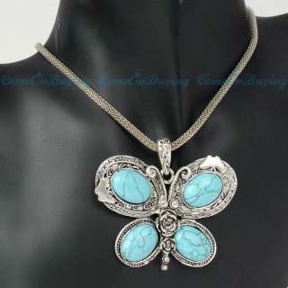   CHAIN TURQUOISE BUTTERFLY PENDANT ADJUSTABLE NECKLACE JEWELRY SET