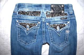 Womens MISS ME jeans 27 bootcut Rhinestone rocker studs black yoke 
