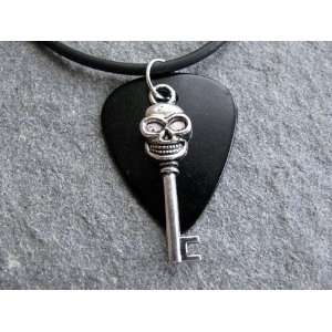  Guitar Pick Necklace with Skull Key Charm on Black Fender 