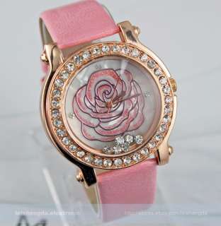 Crystal Rose Leather Fashion Quartz Wrist Watch Men Lady Women 6 