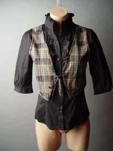 PLAID Faux Vest Tuxedo Ruffled Victorian Dandy High Neck Button Down 