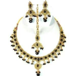  Black Polki Necklace and Earrings Set   Copper Alloy with 