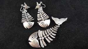 Antonio Pineda Vintage 970 Fish Skeleton Set Earrings and Brooch 