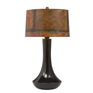   Lamp, Black Crackle Ceramic with Hand Painted Barrel Gold Lined Shade