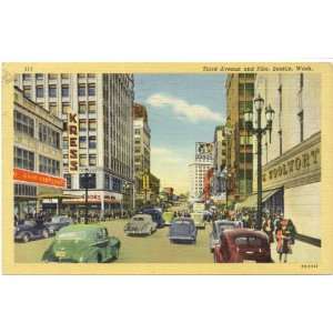  1940s Vintage Postcard Third Avenue and Pike   Seattle 
