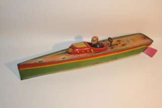   cool Antique Tin Lindstrom 14 Inch Speed Boat Wind Up Works! must see