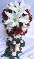 21pc LILY Bridal bouquet wedding flowers IVORY/BURGUNDY  
