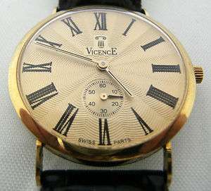Vicence 14kt Gold Dress Watch with Black Leather Band  