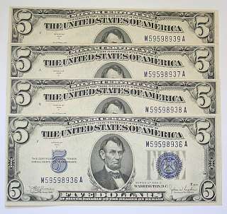 CON. 1934 $5 SILVER CERTIFICATES CHOICE GEM UNC.  