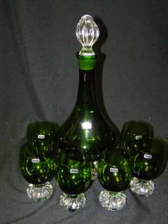 Sweden Aseda Green Glass Decanter & 6 Glasses w/Clear Glass Feet 