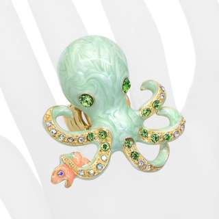 Octopus Enamel Crystal Animal Stretch Ring Green  