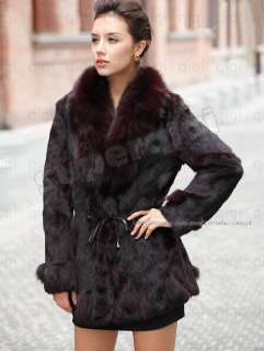   Genuine Rabbit Fur Long Coat Big Fox Collar Jacket Clothing Outwear