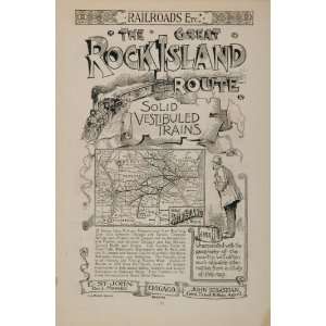 1891 Ad Great Rock Island Route Railroad Railway Map   Original Print 