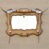 Handmade Rustic Western Decor LONG HORN Silver Conchos Leather Mirror 