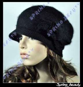Lovely Flower Soft & Warm Rabbit Fur Ski Beanie Hat Cap Black  
