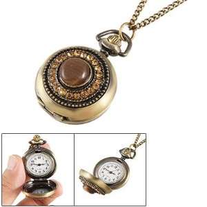   Bronze Tone Rhinestone Round Case Necklace Pocket Watch Jewelry