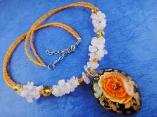A1481 Glass murano pendant necklace orange flower oval  