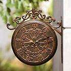   Bronze Fleur de Lis Garden Wall Mounted Clock & Outdoor Thermometer