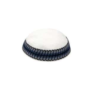   Knitted Kippah with Blue, Grey and Black Stripes 