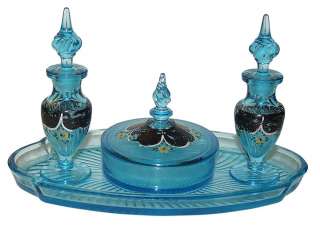 Super Tiffin Hand Painted Blue Vanity / Perfume Set  