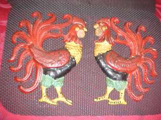 Old Cast Iron Roosters Folk Art Wall Decoration Vintage  