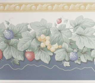 Berries Vines Blue Gold Wallpaper Border Prepasted NEW  