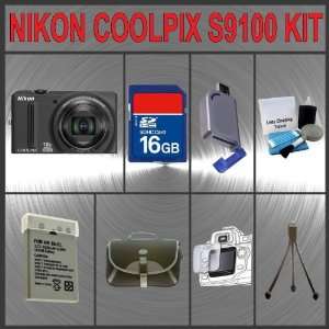 Nikon Coolpix S9100 Digital Camera (Black) + Huge Accessories Package 