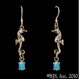 Seahorse Earrings with Gem, 14k Yellow Gold, Turquoise set gemstone 