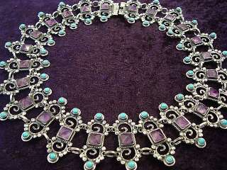   MEXICAN STERLING SILVER AMETHYST TURQUOISE NECKLACE MEXICO  
