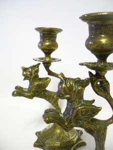 Antique Brass Indian Winged Dog Candlesticks  