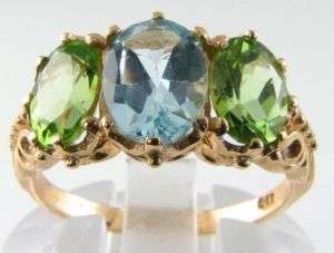 LARGE 9CT VICTORIAN INS BLUE TOPAZ & PERIDOT 3ST RING  