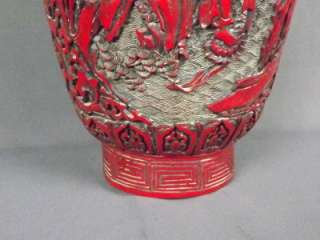 Large Chinese Carved Red Lacquer Cinnabar Like Vase Signed  