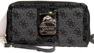 NEW Guess Renee Black Zip Around Black Clutch Wallet Bag Purse Handbag 