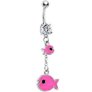  Cz Gem Pink Fish Chain Dangle Belly Ring: Jewelry
