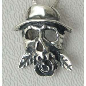  Skull with a Hat and a Rose Pendant in Sterling Silver 