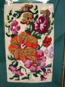 Beaded Needlepoint Floral Wall Hanging~Convex Framed  