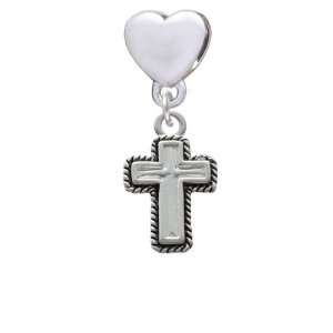  Silver Cross with Rope Border European Heart Charm Dangle 