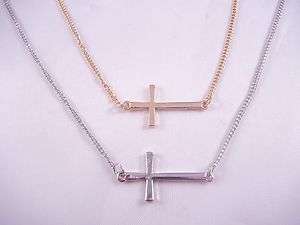 Sideways Horizontal Cross Pendant Communion Necklace Silver or Gold 