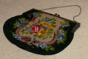 Antique / Vintage Needlepoint Handbag Rose Black  