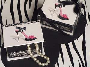 30 BRIDAL BABY SHOWER FAVORS PINK & BLACK HIGH HEEL JEWELRY BOXES 
